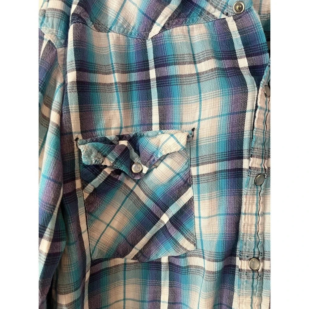Levis Vintage 90s Y2k Distressed Plaid Pearl Snap Button Down Womans‎ Large Blue
